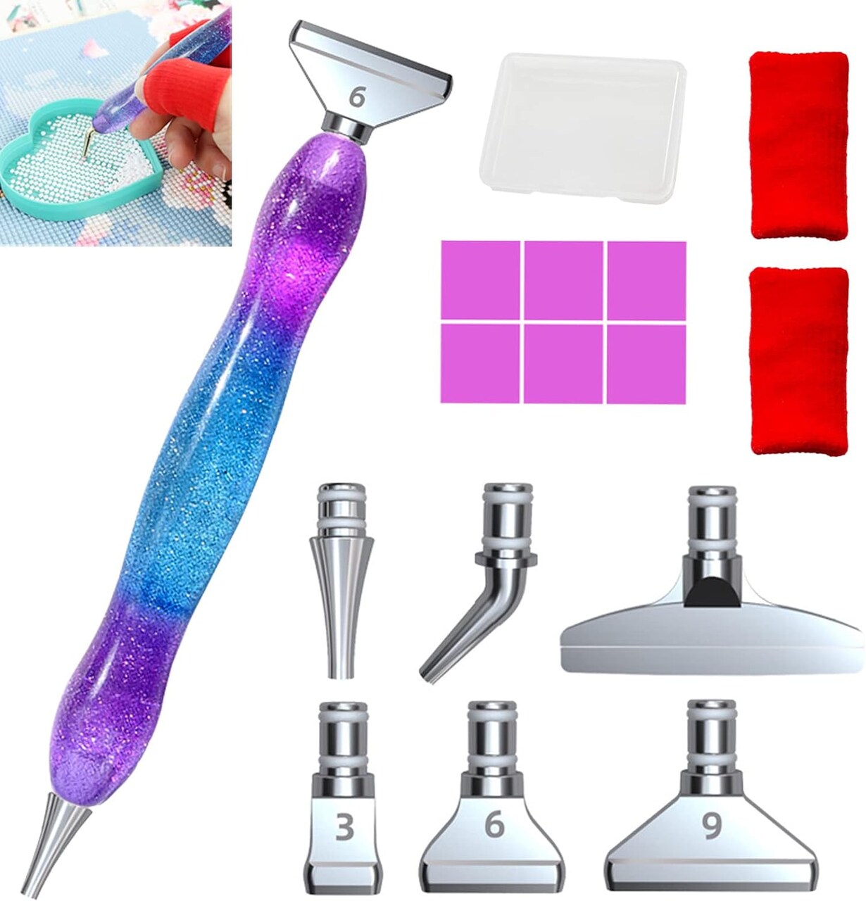 16pcs Silver Metal Tips Diamond Painting Pen Kits include 6 stainless steel tips, 6 glue clays, 2 finger sleeves, and 5D diamond painting accessories. Tools for DIY Crafts: Comfort Grip and Faster Drilling